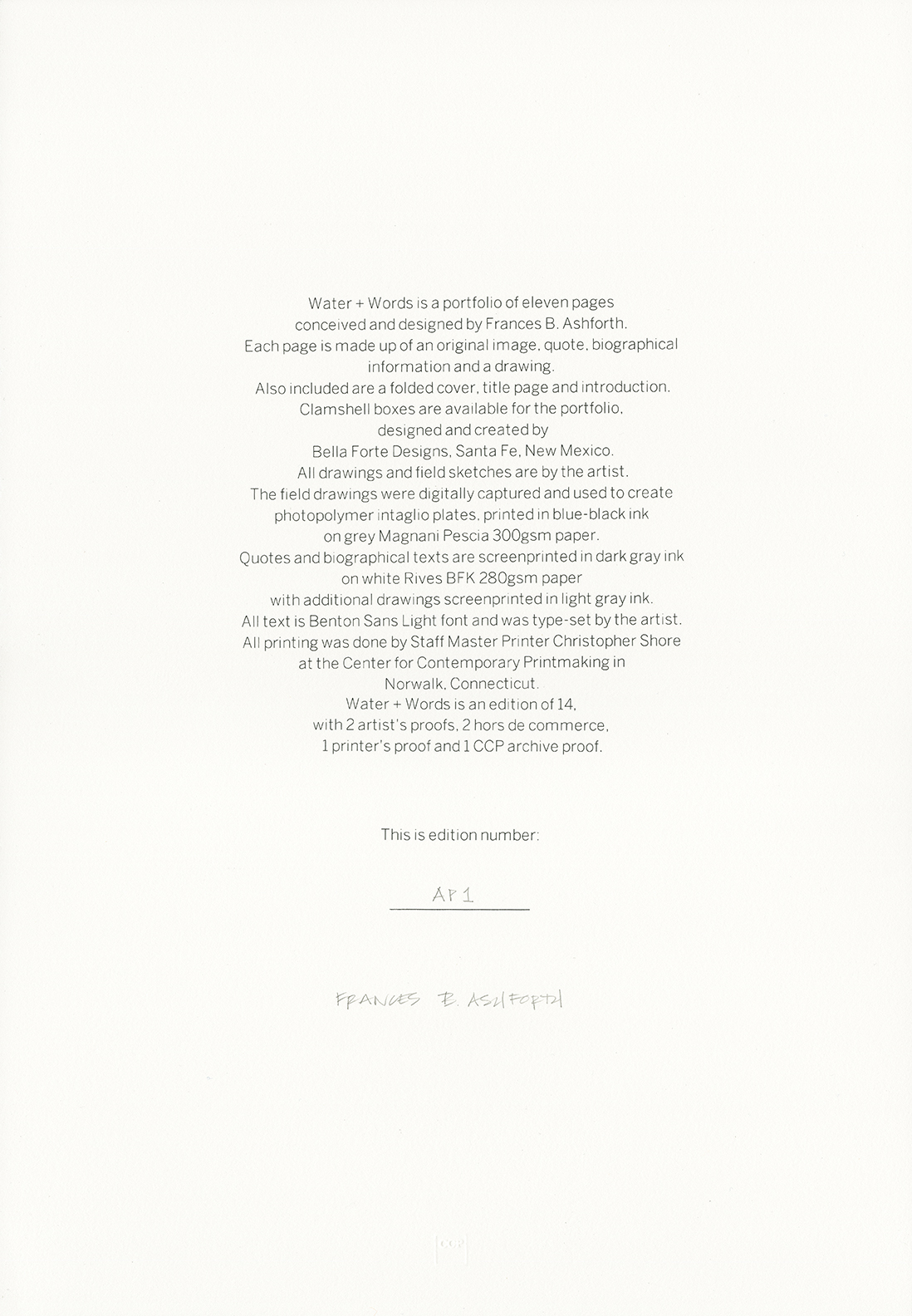 Water Words colophon page