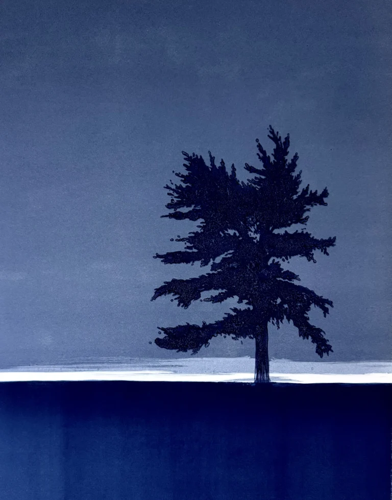 White Pine, French Blue, 22x26 monotype,